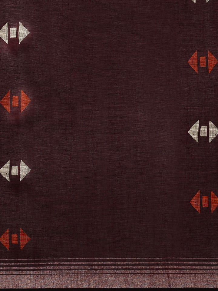 Brown Orange Jamdani Cotton Saree with blouse piece | SHOBITAM