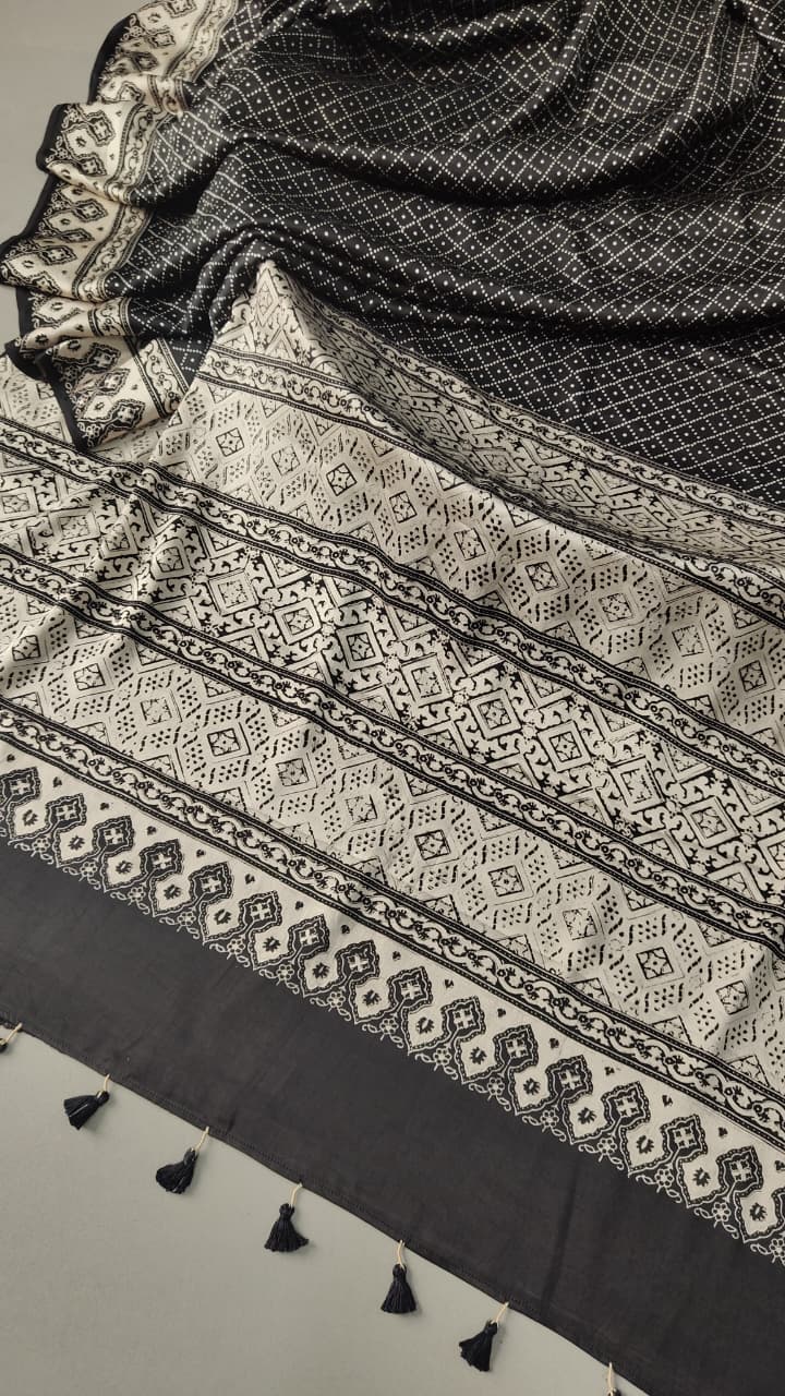 Statement Black and White Authentic Ajrakh  Hand Block Print on Modal Silk Saree | SHOBITAM