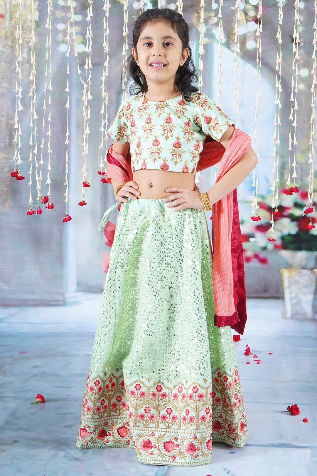 Girl Bageecha Floral Thread work Blouse with Mirror work Lehenga and Sequin moti work Dupatta, accompanied with Hand made tassel and Ghungroo work | SHOBITAM