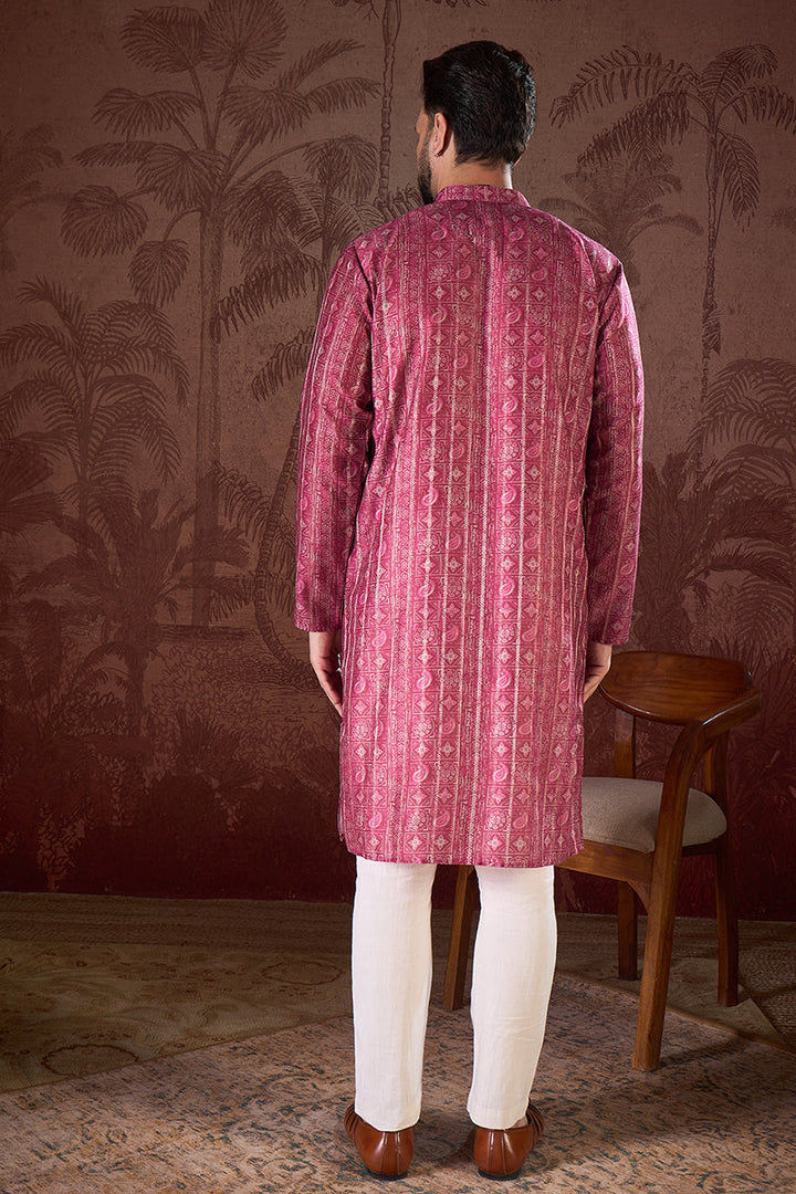 Maroon Silk Blend Ethnic Motifs Printed Straight Kurta For Men | SHOBITAM