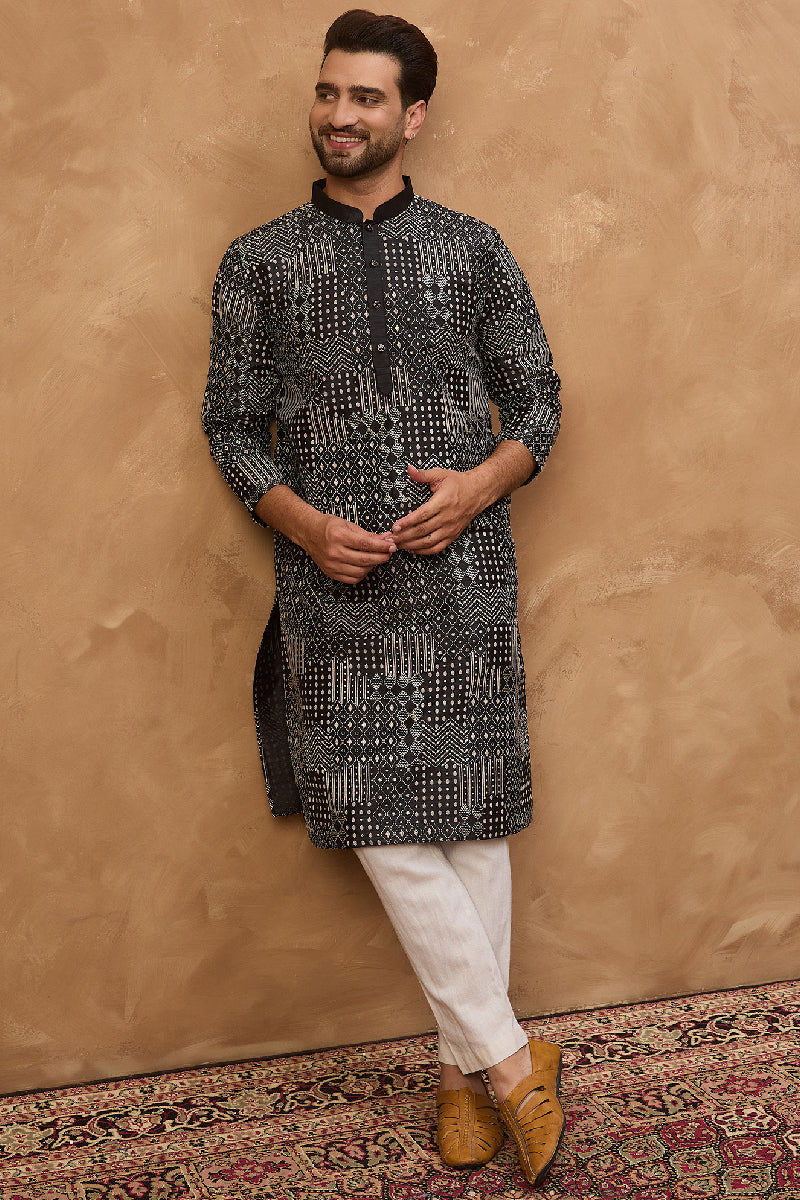 Black Silk Blend Geometric Printed Straight Kurta  | SHOBITAM