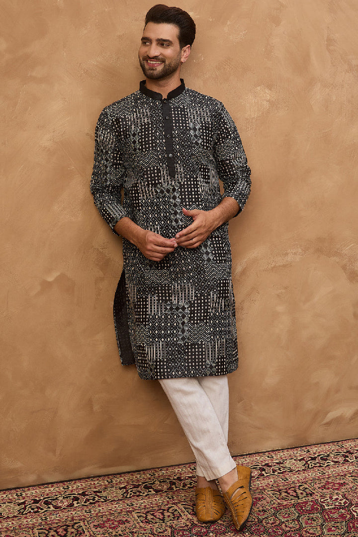 Black Silk Blend Geometric Printed Straight Kurta  | SHOBITAM