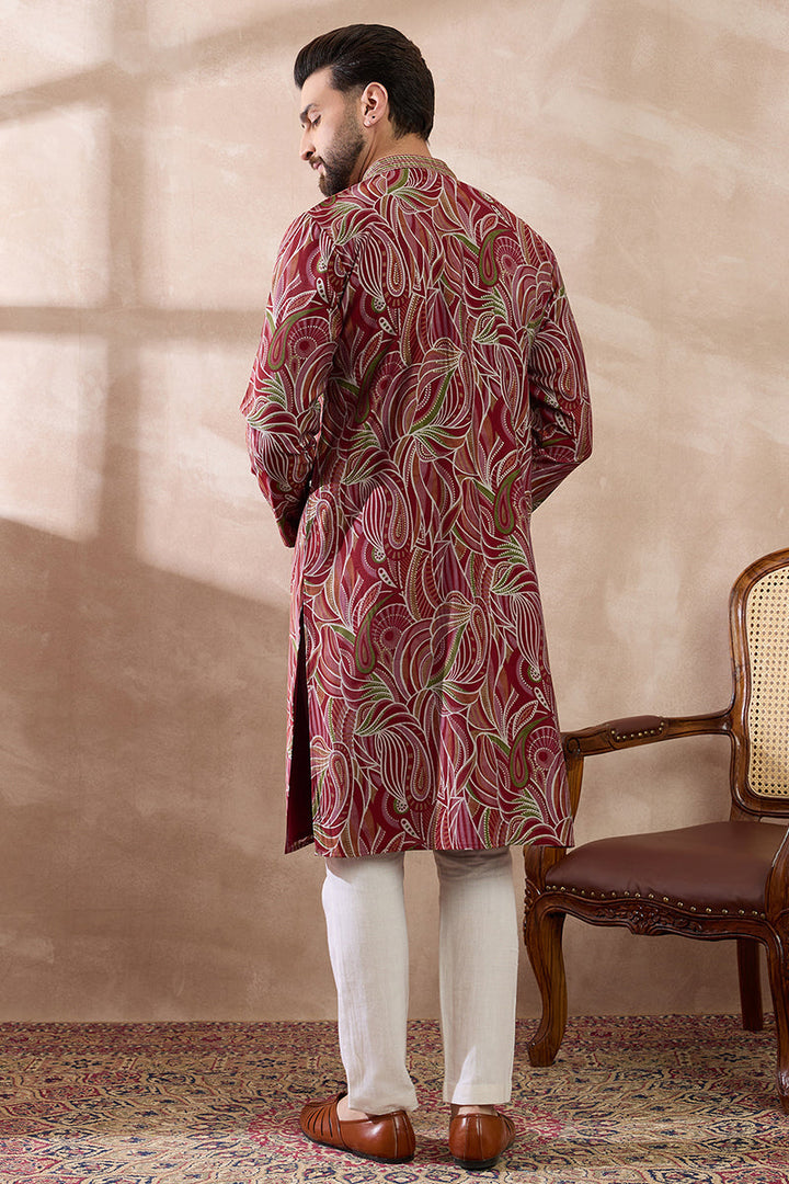 Red Silk Blend Printed Mandarin Collar Straight Kurta With Trouser | SHOBITAM