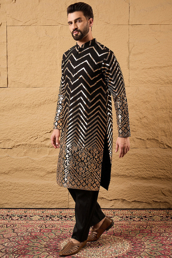 Black Georgette Solid Embroidered Straight Kurta with Trouser  | SHOBITAM