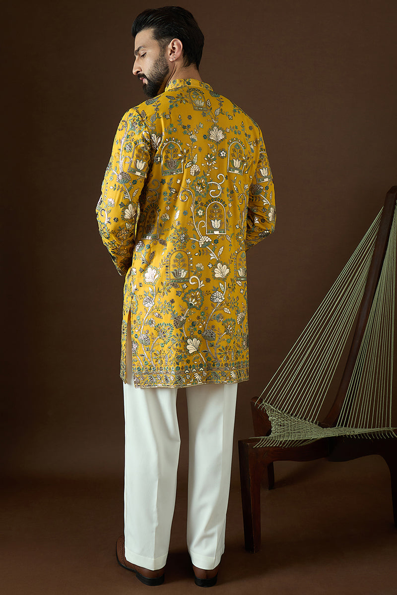 Yellow Georgette Solid Embroidered Straight Kurta | SHOBITAM