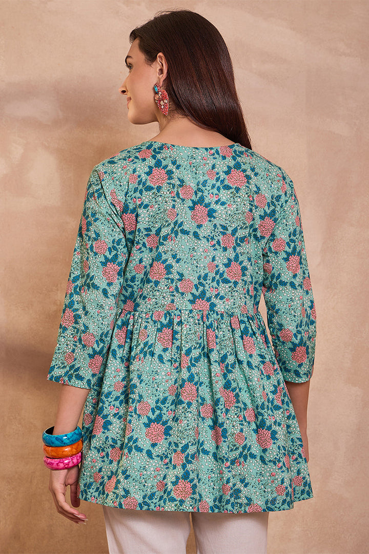 Cotton Blend Blue Floral Regular Tops  | SHOBITAM