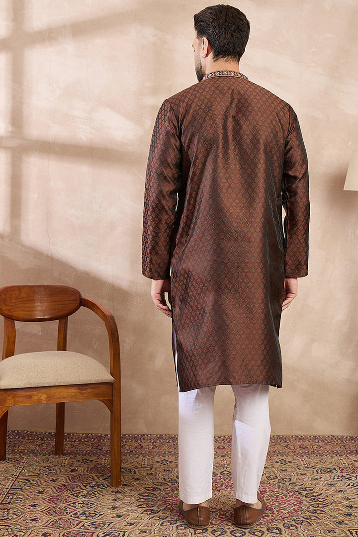 Brown Silk Blend Solid Woven Design Straight Kurta With Trouser | SHOBITAM