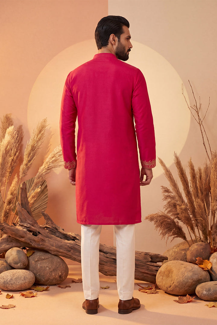 Mens Pink Silk Blend Solid Emboidered Straight Kurta With Trouser | SHOBITAM