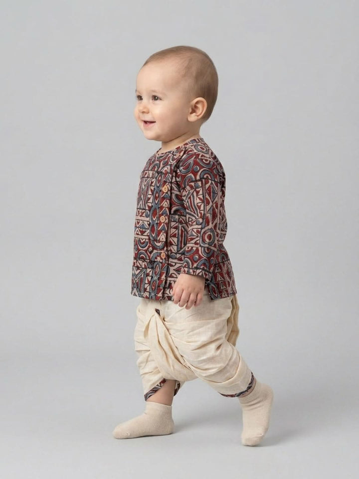 Boys Geometric Printed Cotton Angrakha Style Dhoti Set | SHOBITAM