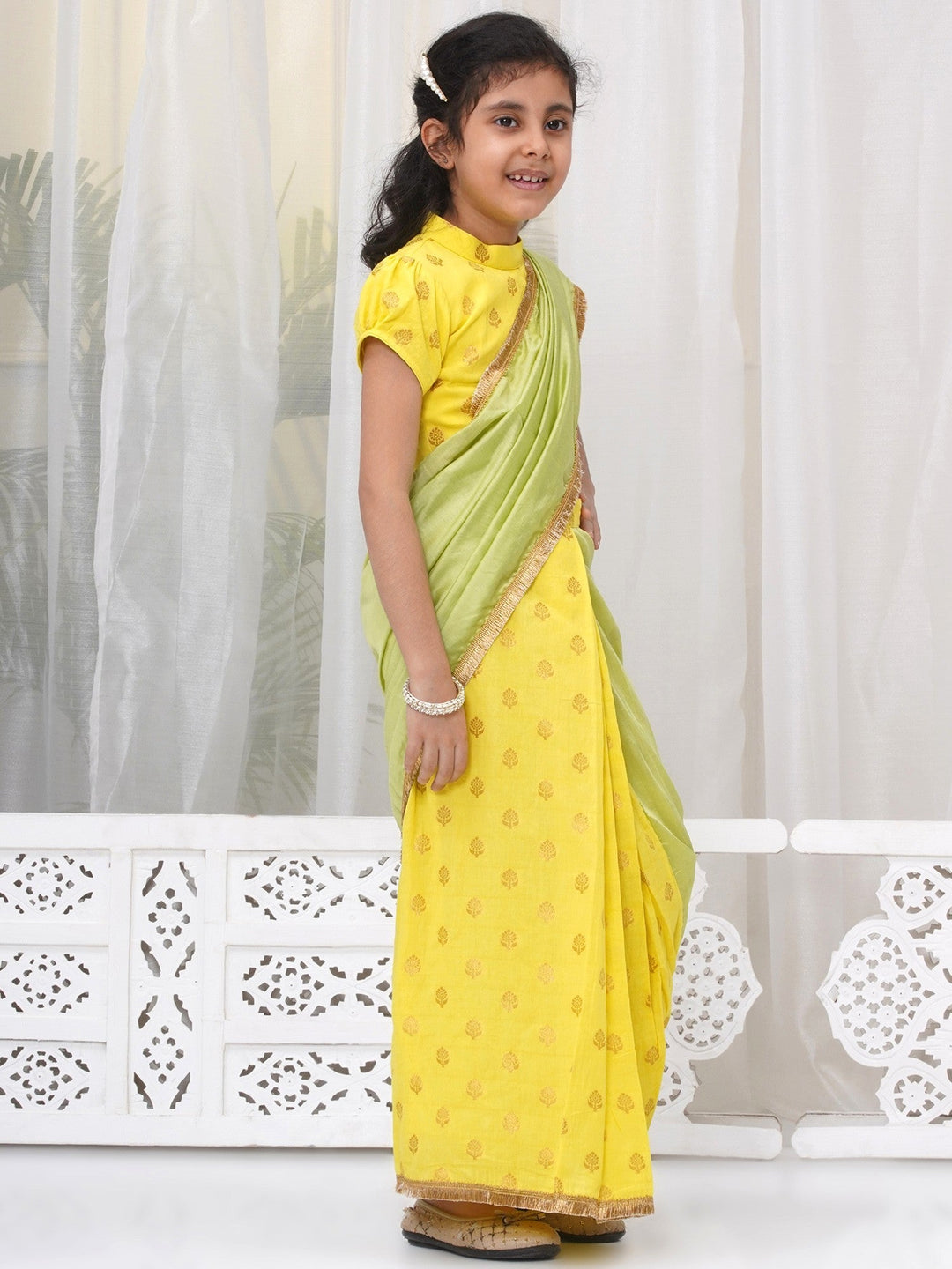 Girls Cotton Puff Sleeves Floral Embroidery Ready to wear Blouse with Ready to wear Chanderi Saree - Yellow & Green | SHOBITAM