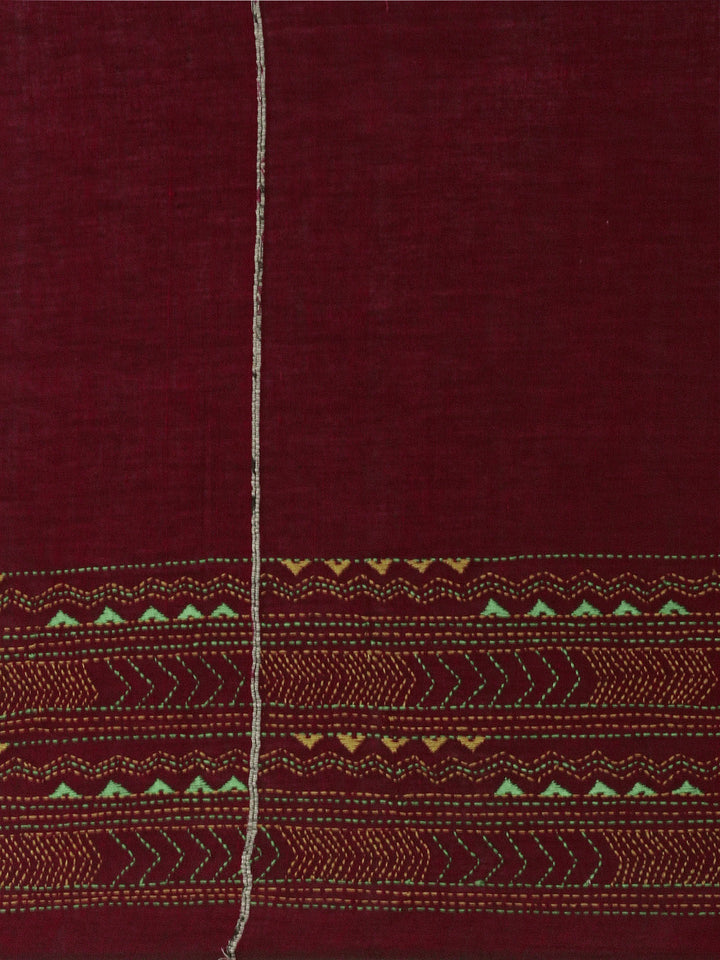 Maroon Yellow Khesh Kantha Stitch Cotton Saree | SHOBITAM