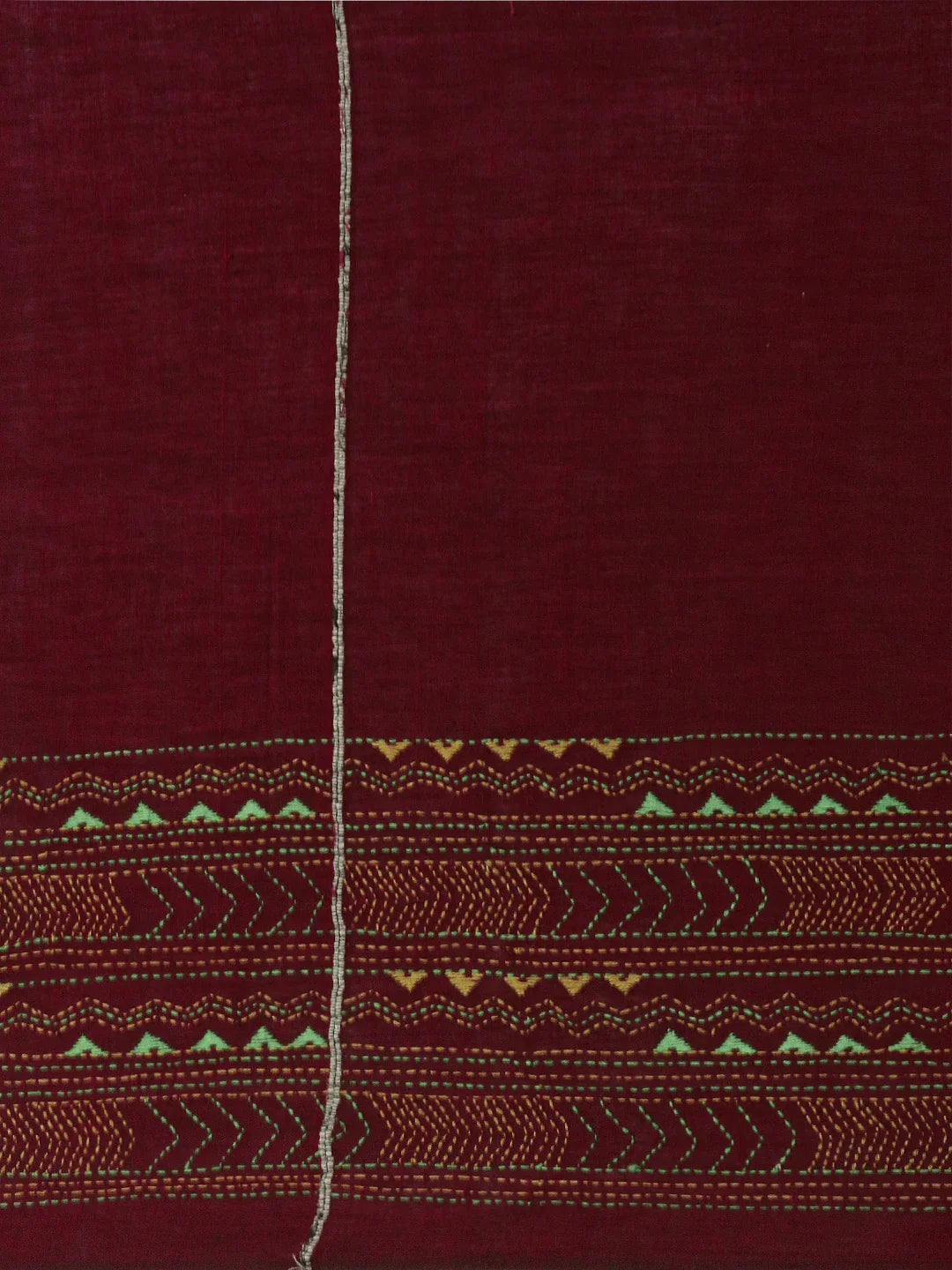 Maroon Yellow Khesh Kantha Stitch Cotton Saree