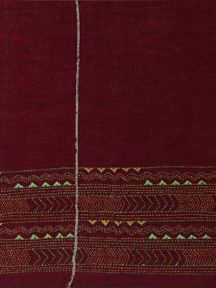 Maroon Yellow Khesh Kantha Stitch Cotton Saree