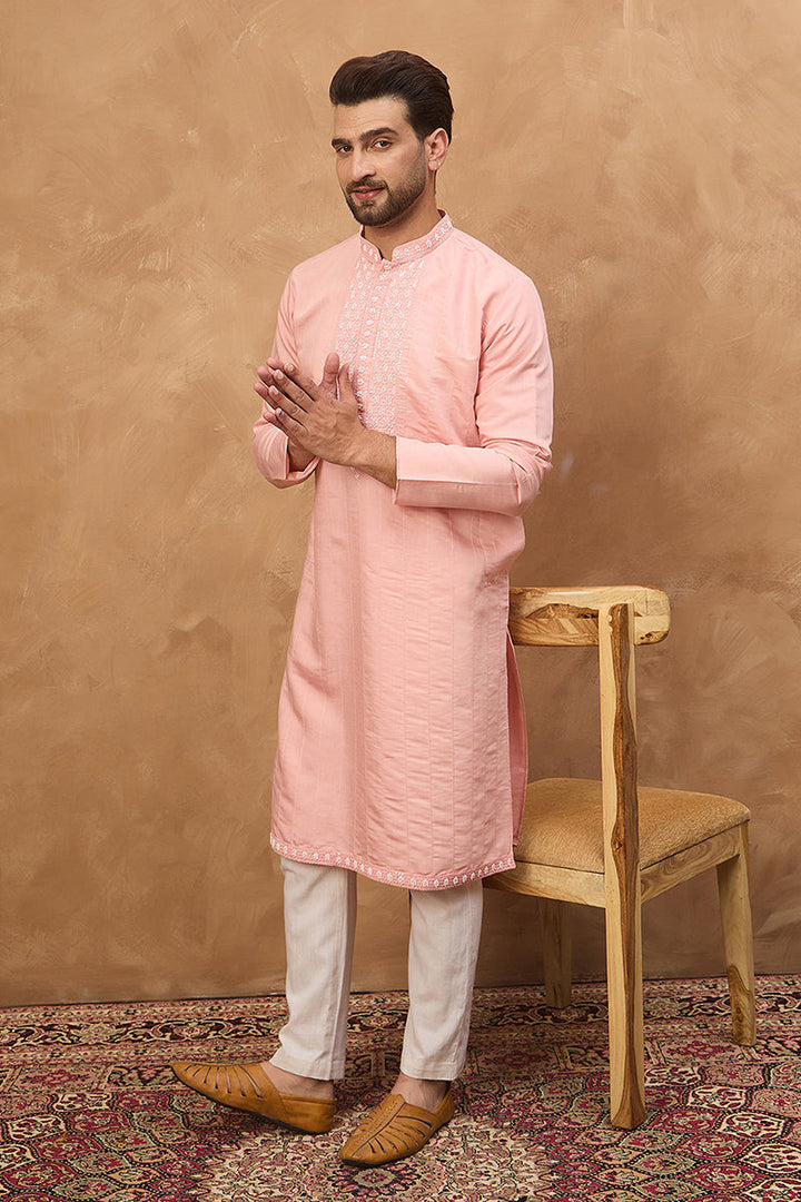 Peach Silk Blend Solid Solid Straight Kurta | SHOBITAM