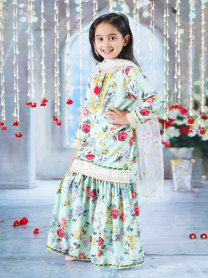 Girls Cotton Full Sleeves Kurta Sharara and Dupatta with Rose Floral Print, Lace & Floral Work - Green | SHOBITAM