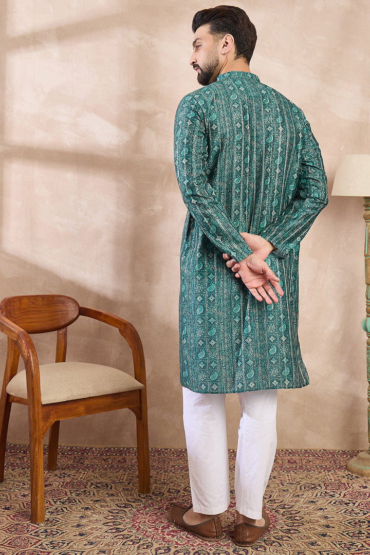 Green Silk Blend Ethnic Motifs Printed Straight Kurta With Trouser | SHOBITAM