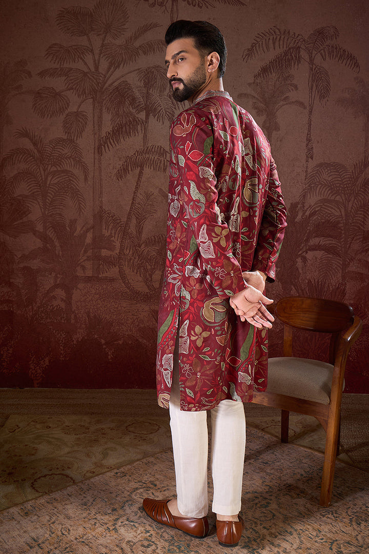 Maroon Silk Blend Floral Printed Straight Kurta For Men | SHOBITAM