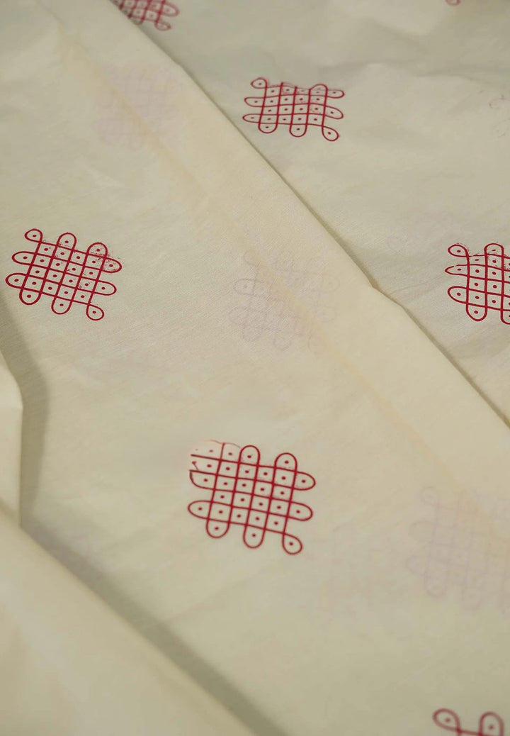 Bamboo Cotton Saree with Kolam Handblock Print | SHOBITAM