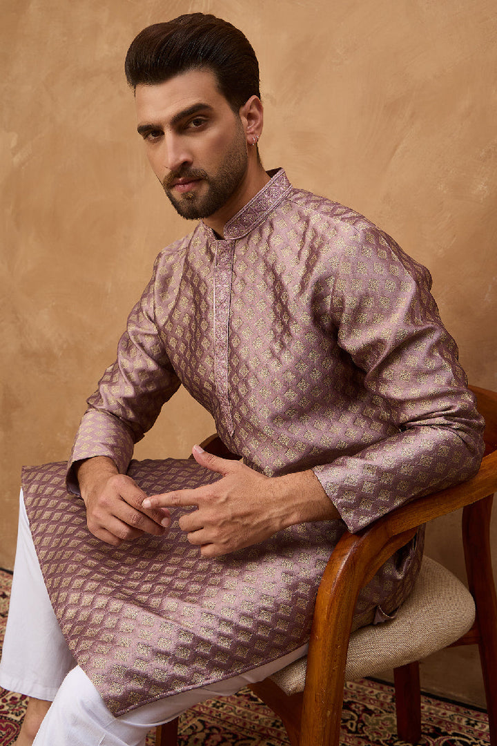 Mauve Silk Blend Solid Woven Design Straight Kurta | SHOBITAM