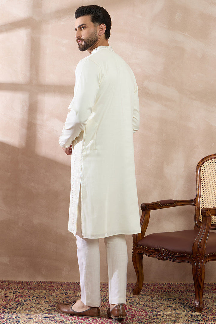 White Silk Blend Embroidered Mandarin Collar Straight Kurta With Trouser | SHOBITAM