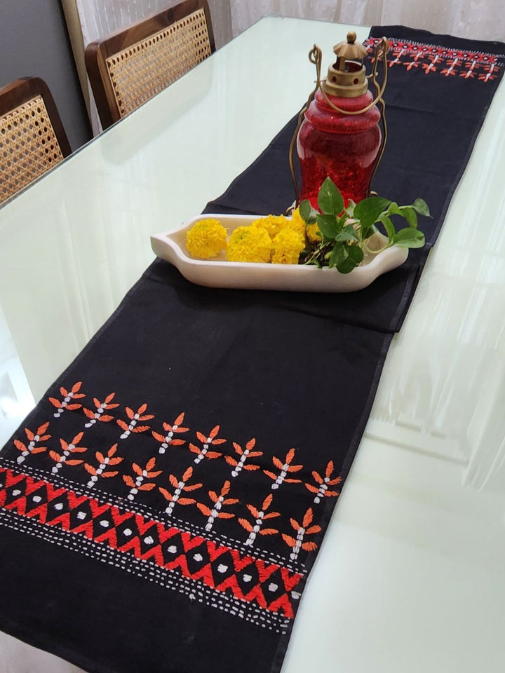 Black Floral Kantha Cotton dining Table Runner | SHOBITAM