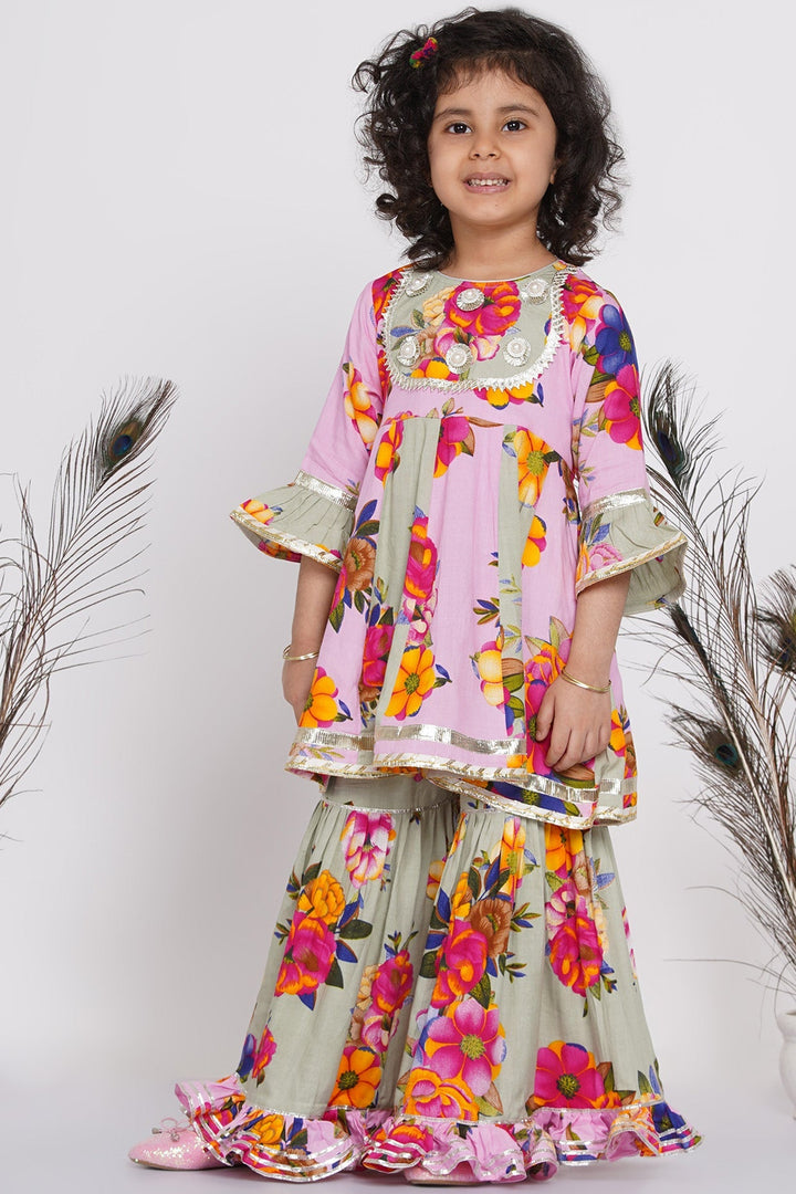 Girls Pearl Detailing Kali Frock Kurta with Sharara and Dupatta in Green & Pink | SHOBITAM