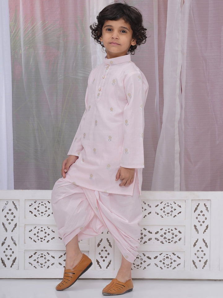 Boys Cotton Full Sleeves Kurta and Dhoti with Floral Zari Work - Pink | SHOBITAM