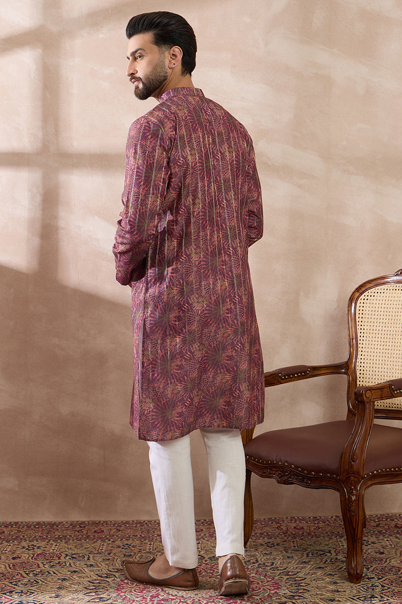 Purple Silk Blend Printed Mandarin Collar Straight Kurta With Trouser | SHOBITAM