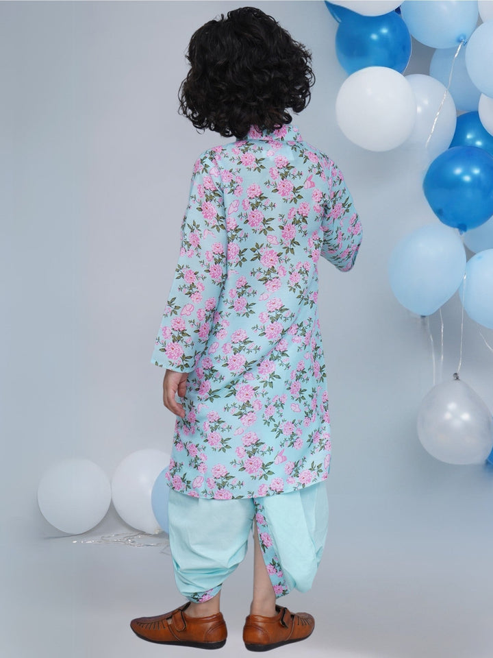 Boys Blue Muslin Floral Butterfly Dhoti Kurta Set  | SHOBITAM
