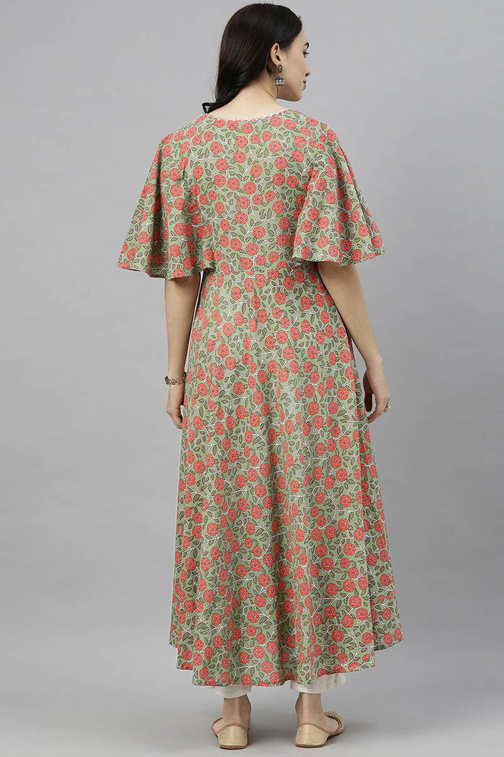 Green Cotton Flared Kurta | SHOBITAM