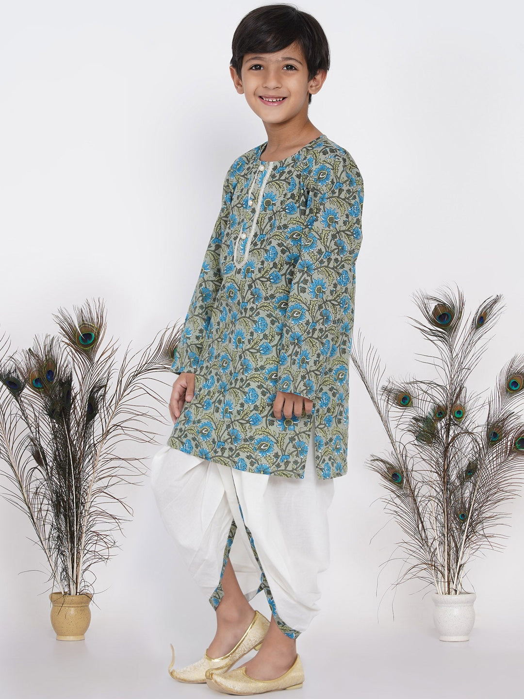 Boys Floral Kurta with Pearl Buttons and Dhoti in Sea Green and Cream  | SHOBITAM