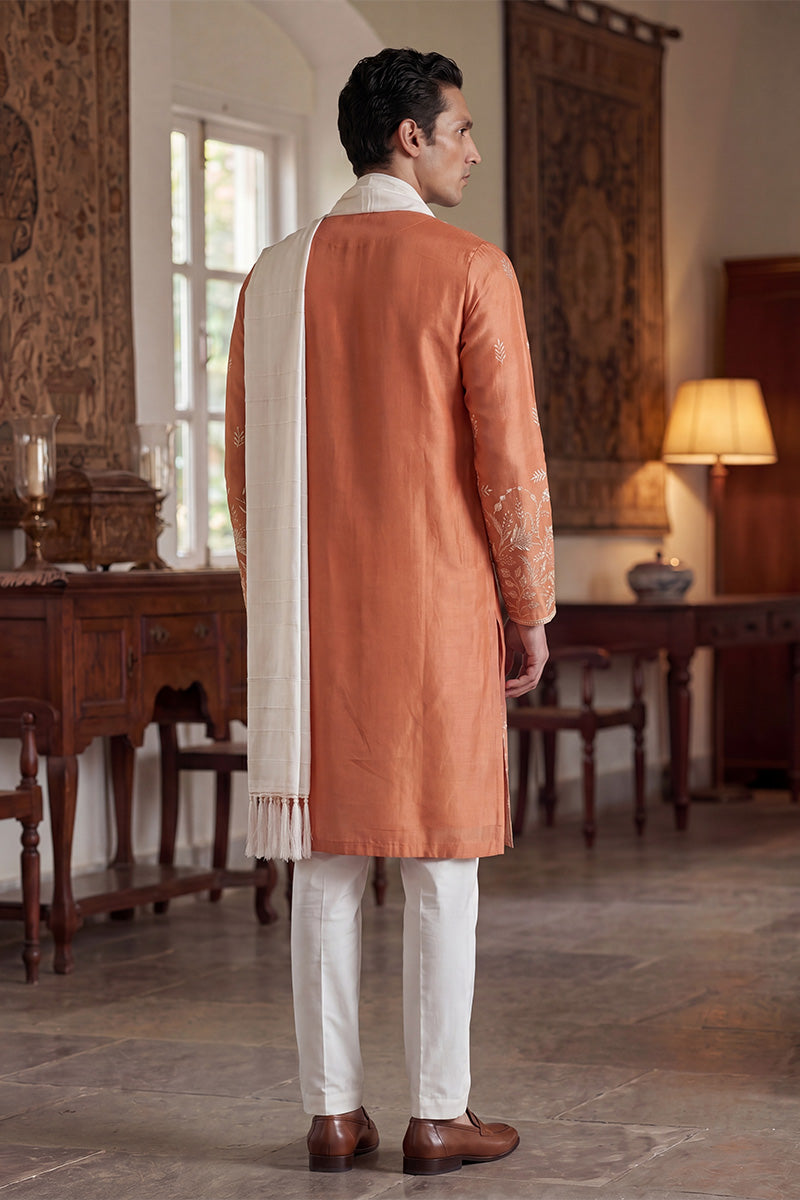 Men Peach Vartican Solid Embroidered Straight Kurta Sets  | SHOBITAM