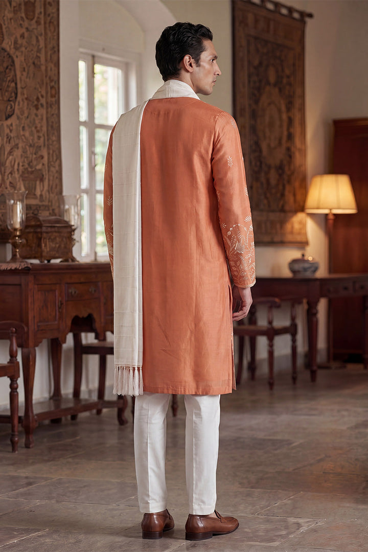 Men Peach Vartican Solid Embroidered Straight Kurta Sets  | SHOBITAM