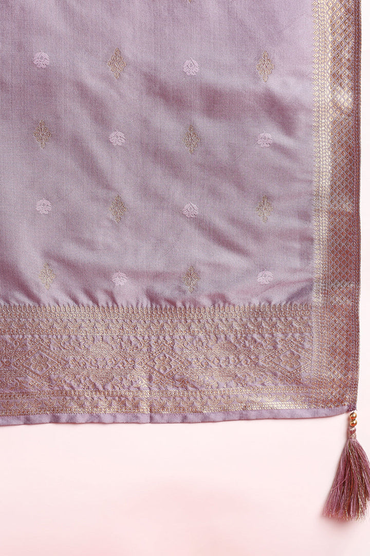 Lavender Silk Blend Ethnic Motifs Woven Design Straight Suit Set | SHOBITAM