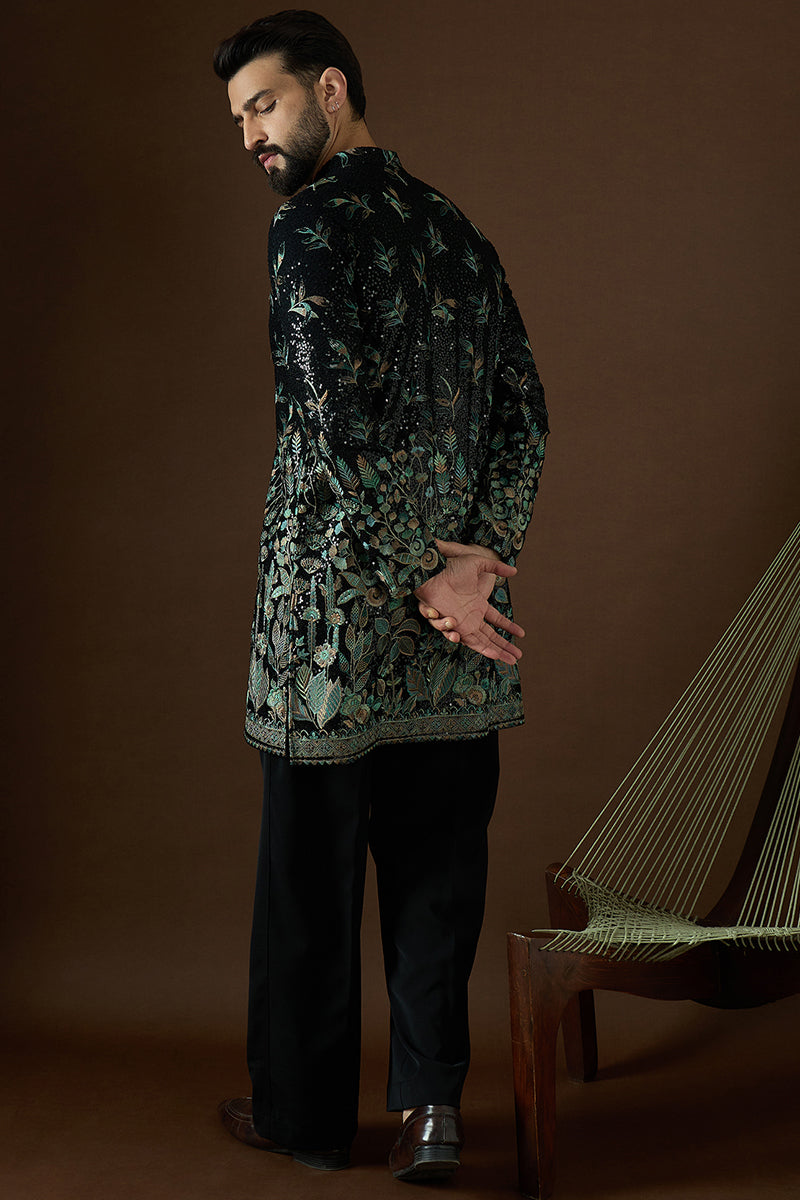 Black Silk Blend Solid Embroidered Straight Kurta | SHOBITAM