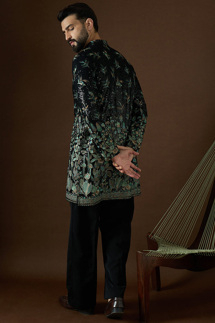 Black Silk Blend Solid Embroidered Straight Kurta | SHOBITAM