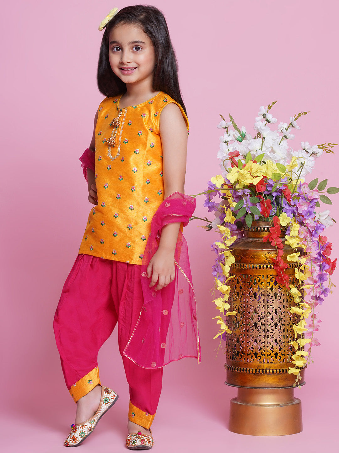 Mulberry Semi-Silk Sleeveless Floral Choti Buti Embroidery Kurta with Salwar & Dupatta - Yellow and Pink