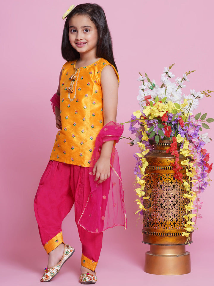 Mulberry Semi-Silk Sleeveless Floral Choti Buti Embroidery Kurta with Salwar & Dupatta - Yellow and Pink