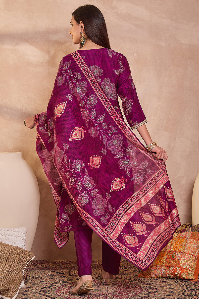 Purple Silk Blend Floral Printed Straight Kurta Trouser With Dupatta | SHOBITAM