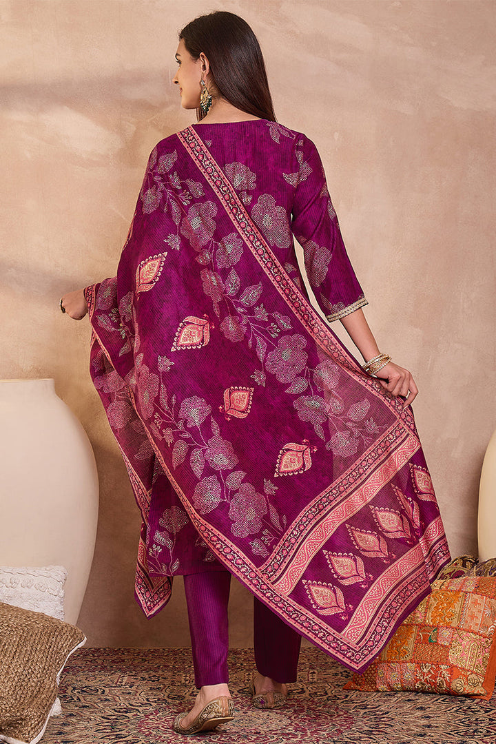 Purple Silk Blend Floral Printed Straight Kurta Trouser With Dupatta | SHOBITAM