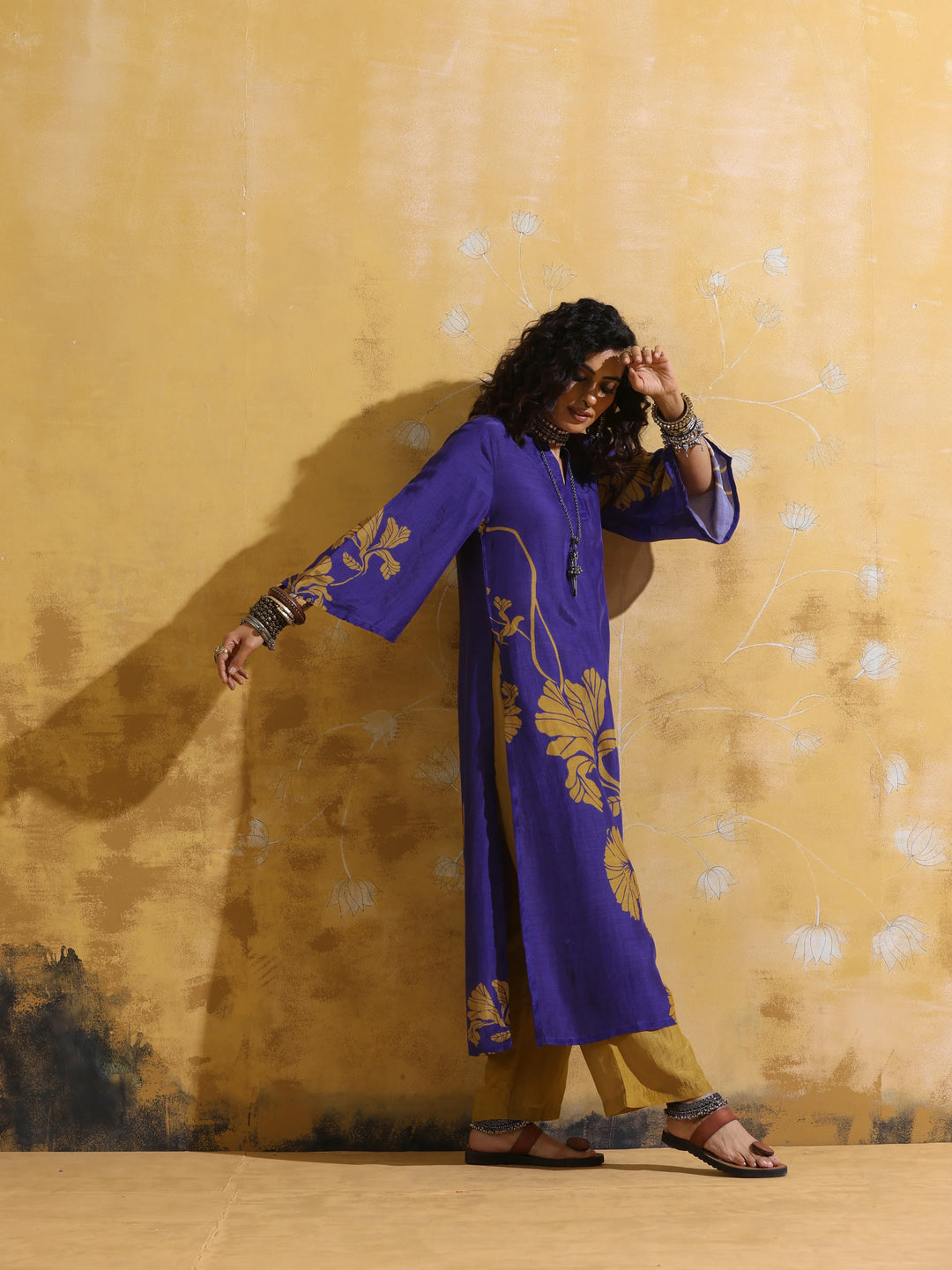 Purple Mustard Floral Print Muslin Silk High-Slit Kurta Set  | SHOBITAM