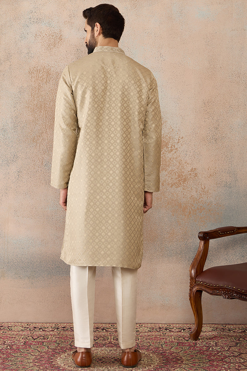 Mens Olive Jacquard Ethnic Motifs Embroidered Kurta | SHOBITAM