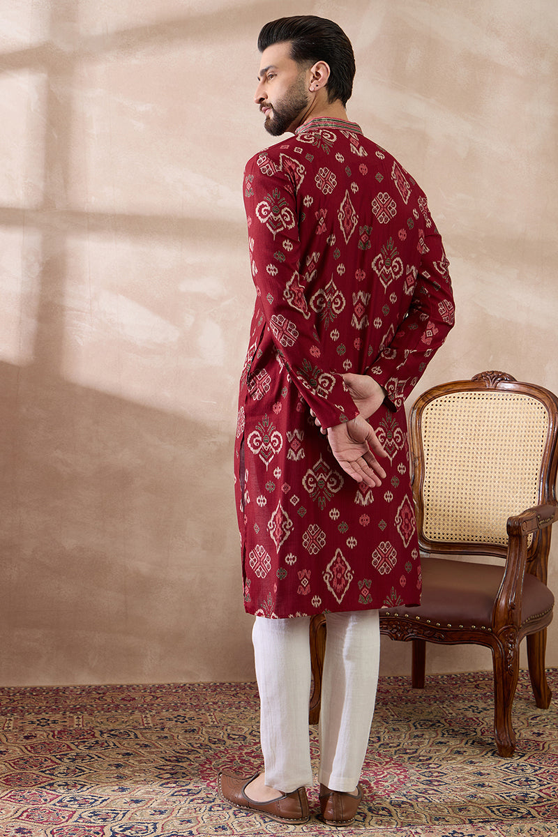 Red Silk Blend Printed Mandarin Collar Straight Kurta With Trouser | SHOBITAM