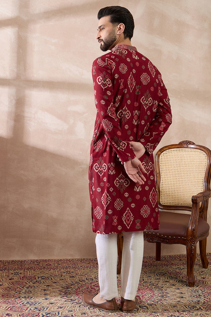 Red Silk Blend Printed Mandarin Collar Straight Kurta With Trouser | SHOBITAM