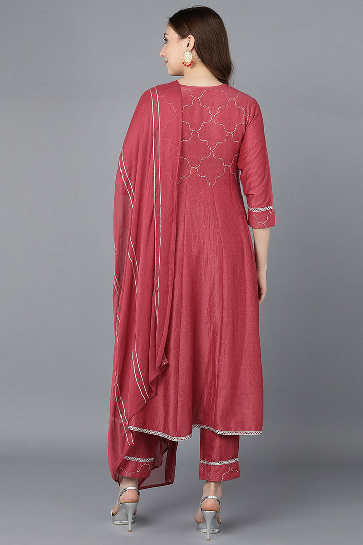 Women Red Poly Silk Embroidered Kurta Trousers With Dupatta  | SHOBITAM