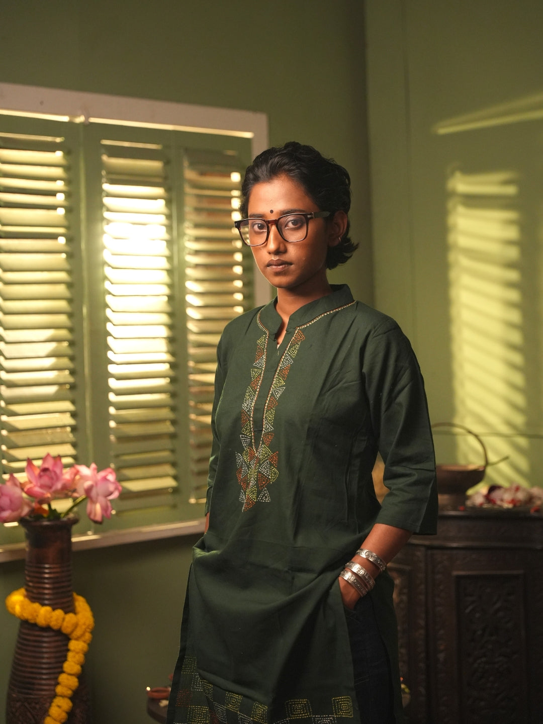 Dark Green Kantha Cotton Kurta | SHOBITAM