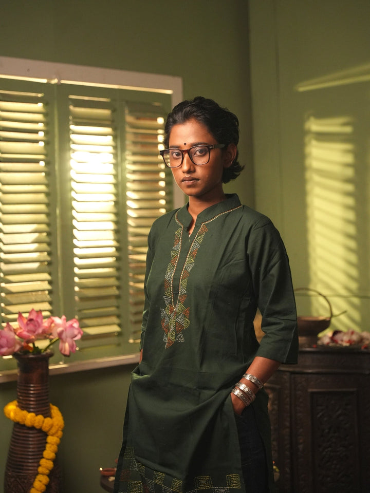 Dark Green Kantha Cotton Kurta | SHOBITAM
