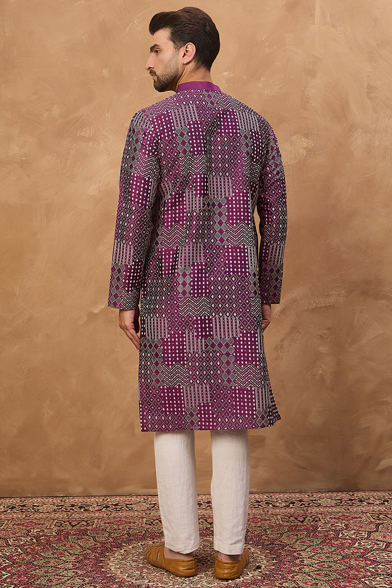 Purple Silk Blend Geometric Printed Straight Kurta  | SHOBITAM