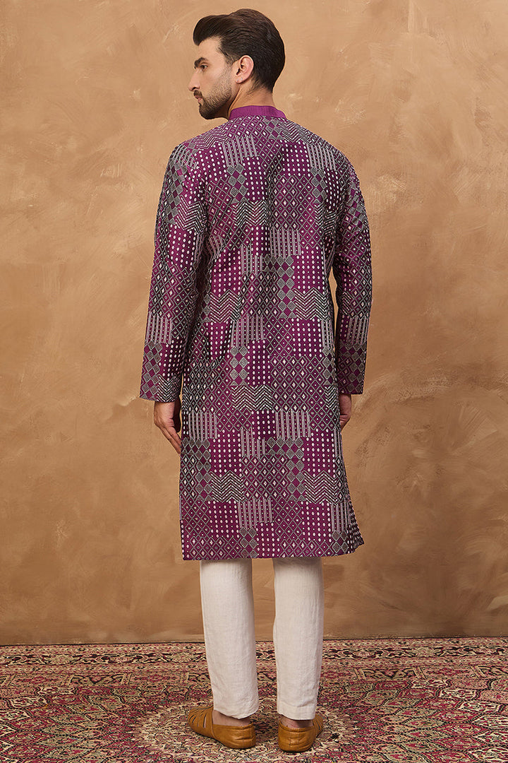Purple Silk Blend Geometric Printed Straight Kurta  | SHOBITAM