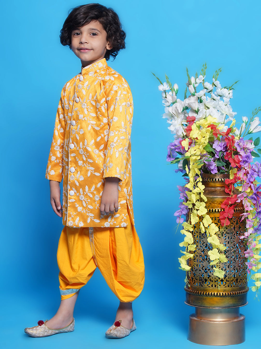 Mulberry Silk Full Sleeves Floral and Leaf Embroidery Sherwani with Dhoti - Yellow